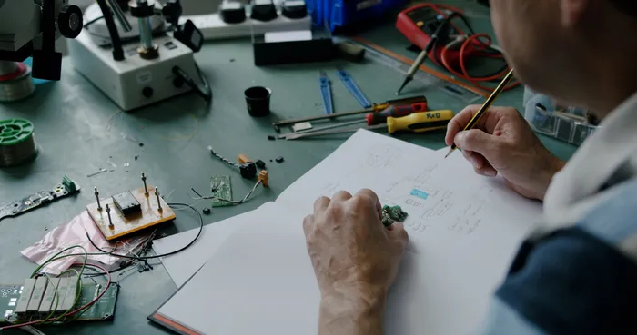 Electrical schematics being produced on a work surface.